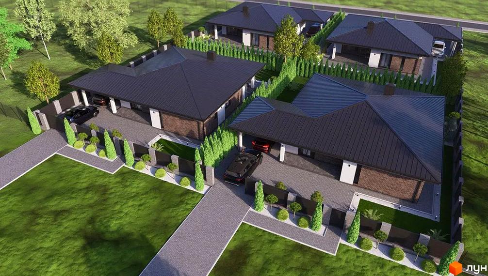 Котеджне містечко КМ Solomon Village: одноповерхові будинки з темними дахами та цегляними фасадами, огороджена територія з зеленими насадженнями та доглянутими газонами.