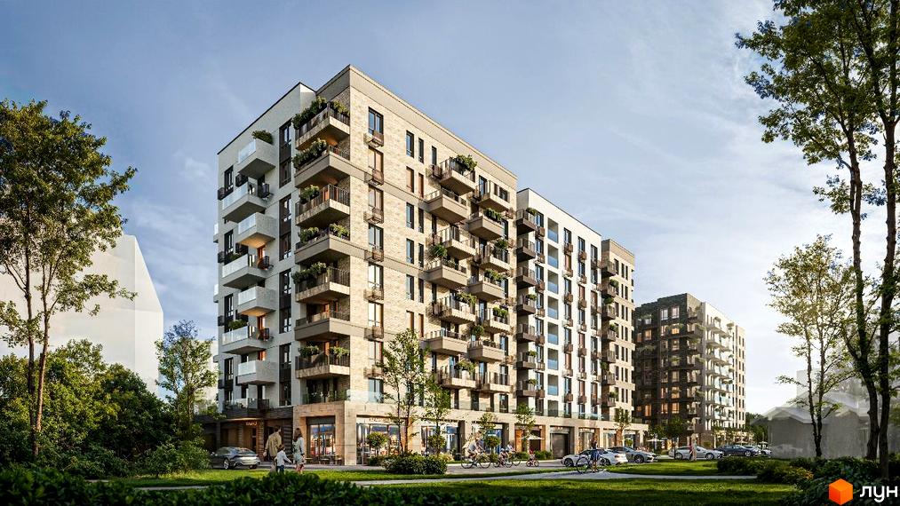 Житловий комплекс Atmosfera Premium з балконами та зеленню, що виходить на доглянуту прибудинкову територію з деревами та місцями для паркування.