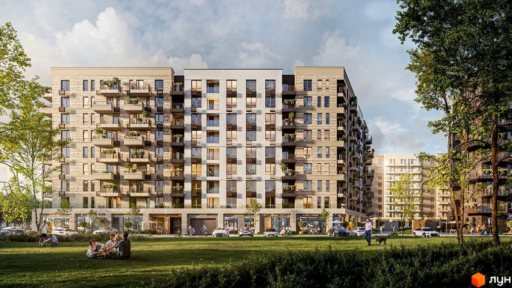 Житловий комплекс Atmosfera Premium: сучасна архітектура з балконами та зелена прибудинкова територія з відпочивальниками.