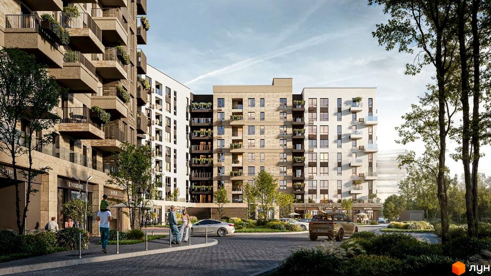 Новобудова ЖК Atmosfera Premium з балконами та прибудинковою територією з деревами та автомобілями. Зовнішній вигляд будинку та зелена зона.
