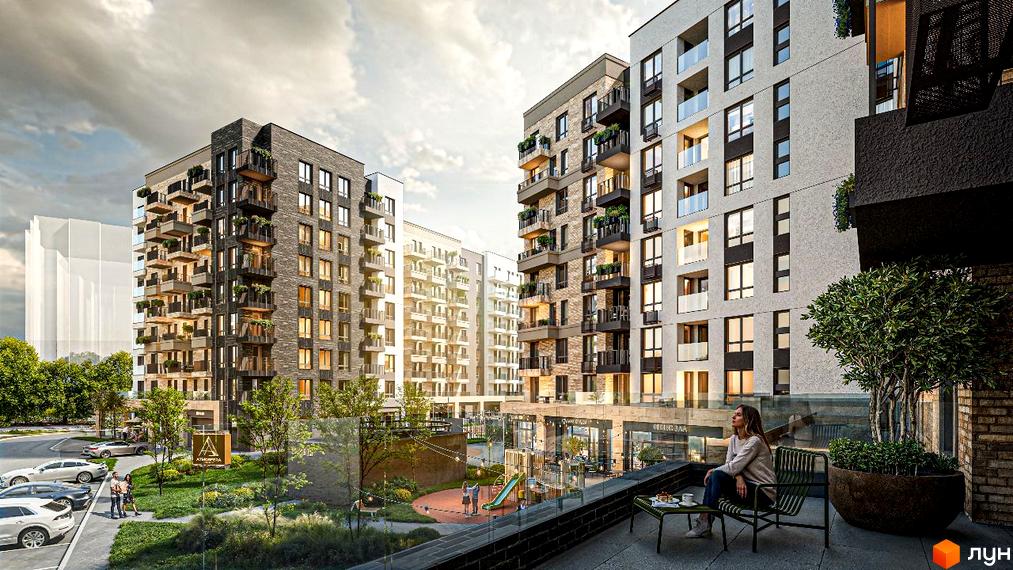 Житловий комплекс Atmosfera Premium з сучасними фасадами та балконами, дитячим майданчиком та зоною відпочинку.
