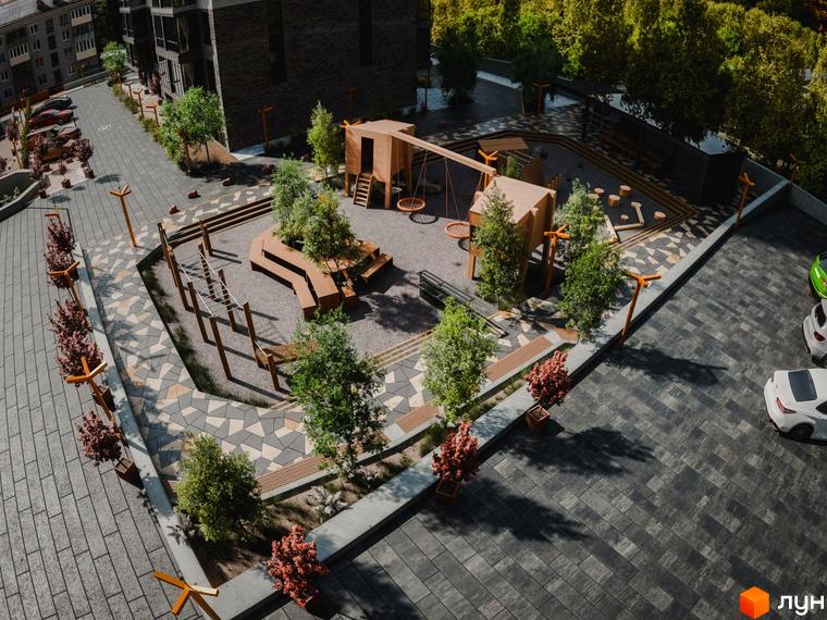 Житловий комплекс Перемога: дитячий майданчик та прибудинкова територія з парковкою. Зовнішній вигляд будинку та ландшафтний дизайн.