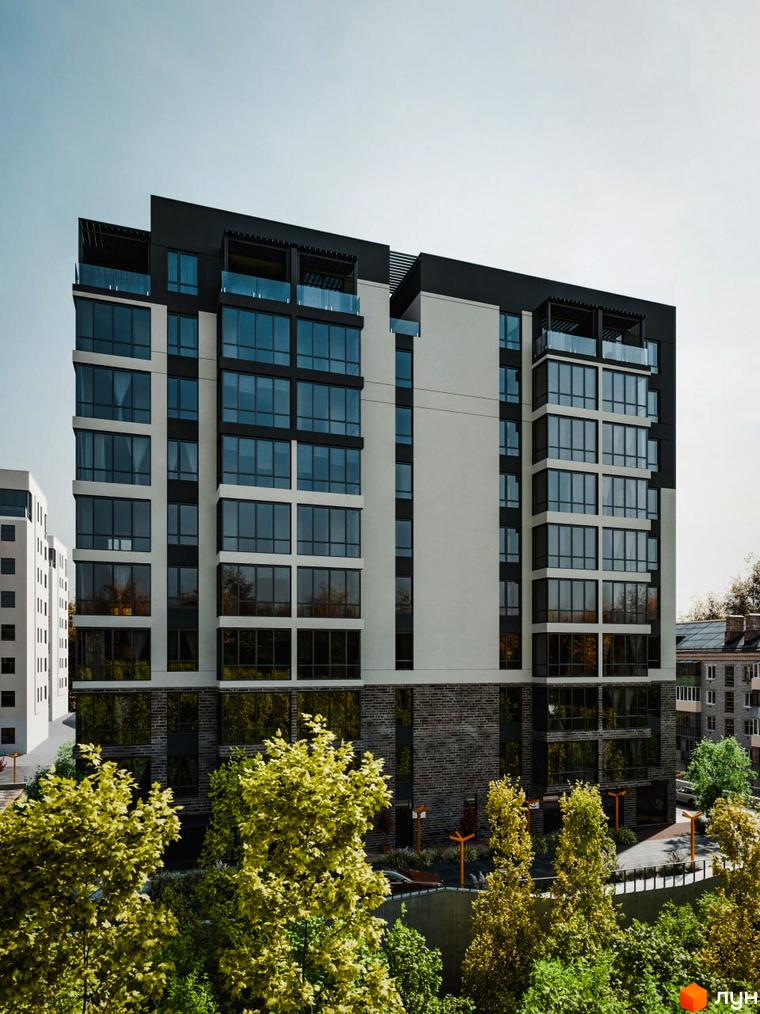 Зовнішній вигляд новобудови ЖК Перемога з панорамними вікнами та балконами, оточеної зеленими деревами та облаштованою прибудинковою територією.