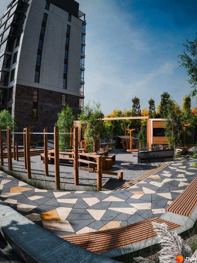 Житловий комплекс Перемога: висотна будівля з цегляною основою та сучасним дитячим майданчиком з дерев'яними елементами та гойдалками.