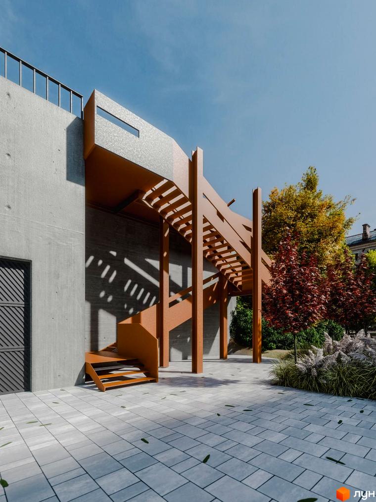 Новобудова ЖК Перемога з бетонною стіною та іржавою драбиною, поруч дерева та зелень.