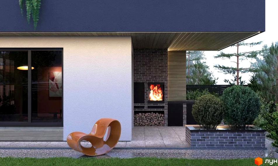 Таунхауси Garden by Solomon: сучасний будинок з каміном та зоною відпочинку на прибудинковій території. Відкрита тераса з каміном та зелені насадження.