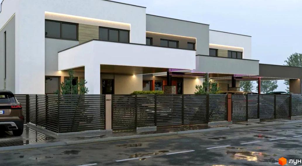 Зовнішній вигляд таунхаусів Garden by Solomon з темним парканом та автомобілем на подвір'ї. Новобудова з сучасним дизайном.