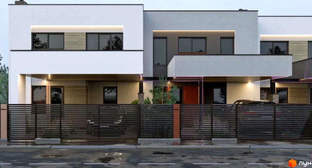 Таунхауси Garden by Solomon – це двоповерхові будинки з великими вікнами та сучасними фасадами, огороджені темним парканом. На території видно дерева та припаркований автомобіль.