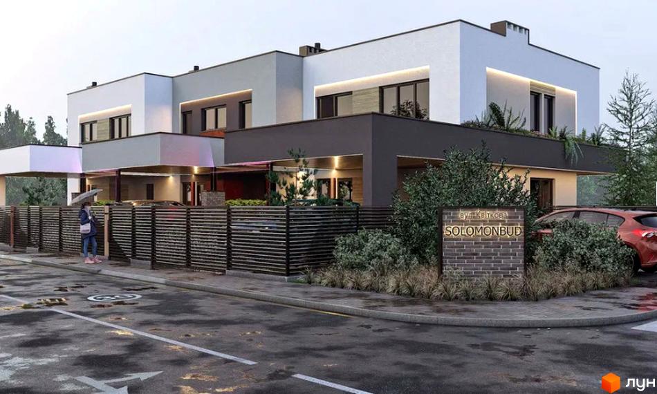 Таунхауси Garden by Solomon: двоповерхові будинки з темною та світлою обробкою фасаду, великими вікнами та навісами. Територія огороджена парканом, поруч дорога та зелені насадження.