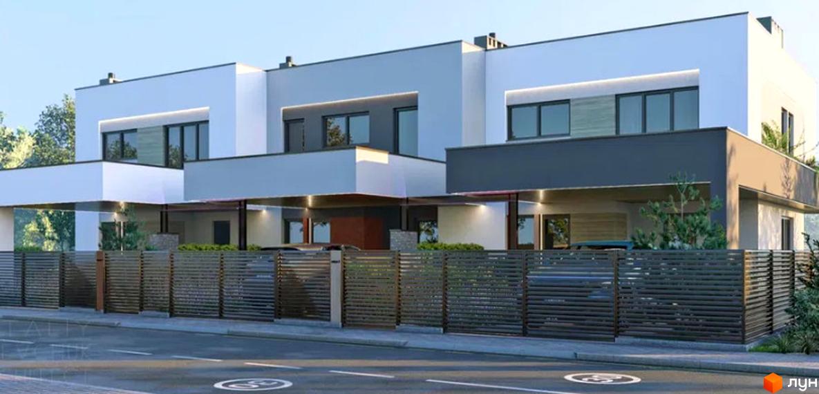 Таунхауси Garden by Solomon: двоповерхові будинки з пласкими дахами та великими вікнами, огороджені дерев'яним парканом. Територія з деревами та дорогою.