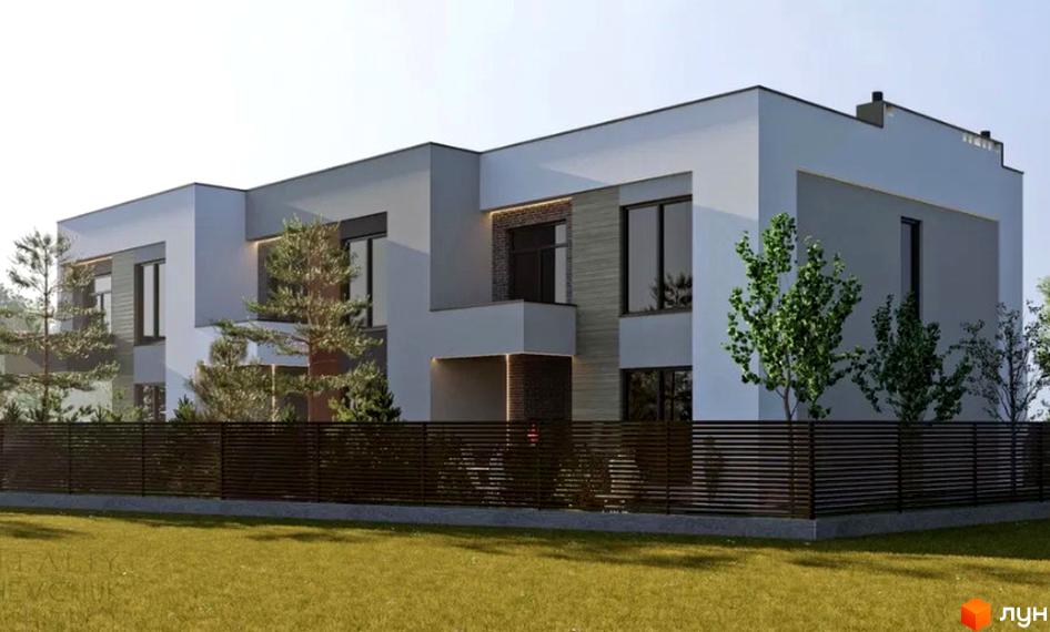 Таунхауси Garden by Solomon – двоповерхові будинки з великими вікнами та мінімалістичним дизайном, огороджені парканом. Навколо будівель зелені насадження та газон.