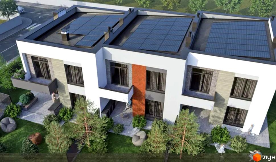 Таунхауси Garden by Solomon з сонячними панелями на даху та доглянутою прибудинковою територією з деревами та зонами відпочинку.