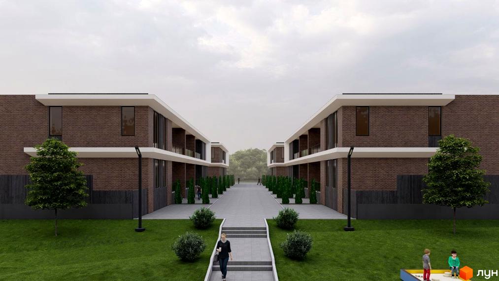 Зовнішній вигляд таунхаусів LakeWood з цегляним фасадом та білими навісами. На прибудинковій території зелений газон, дерева та дитячий майданчик.