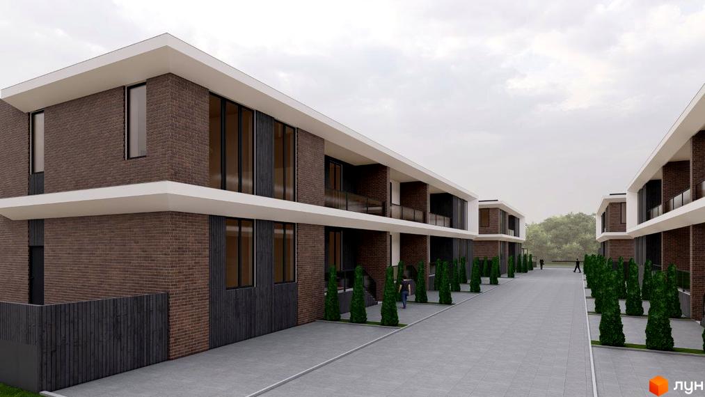 Таунхауси LakeWood з цегляним фасадом та великими вікнами. Перед будинками розташована брукована доріжка та зелені туї.