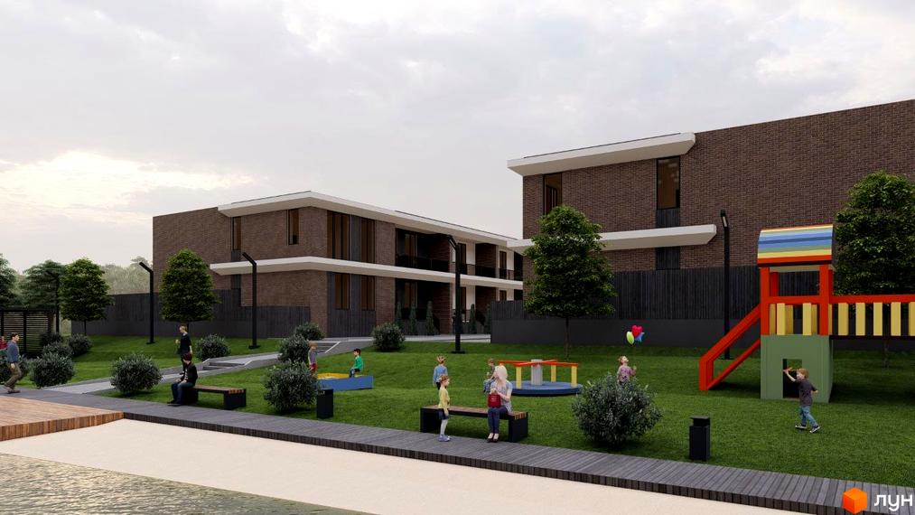 Таунхауси LakeWood з цегляним фасадом та білими елементами, дитячий майданчик та зона відпочинку біля води.