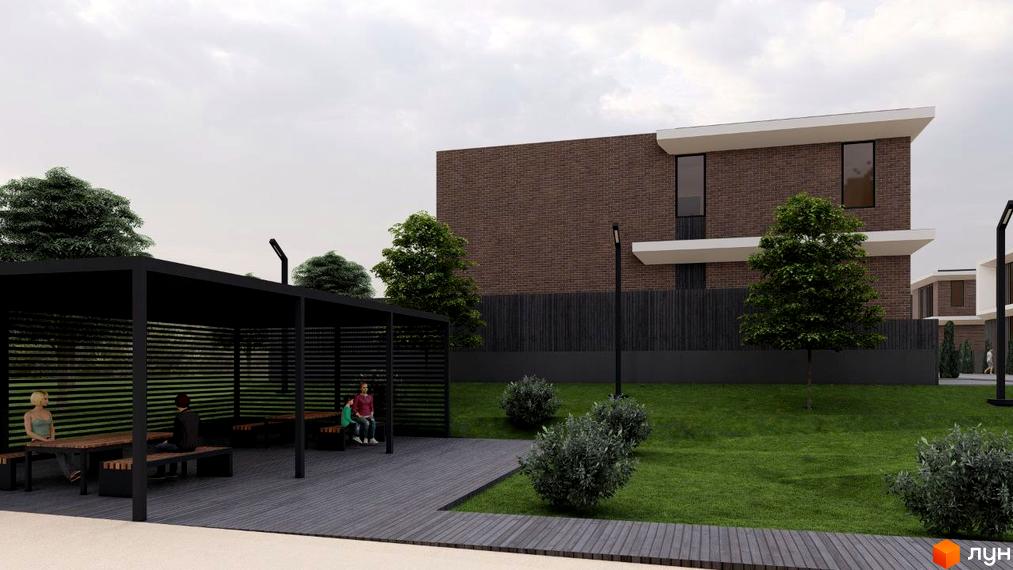 Зовнішній вигляд таунхаусів LakeWood з цегляним фасадом та білими елементами. Прибудинкова територія з альтанкою, лавками та зеленою зоною.