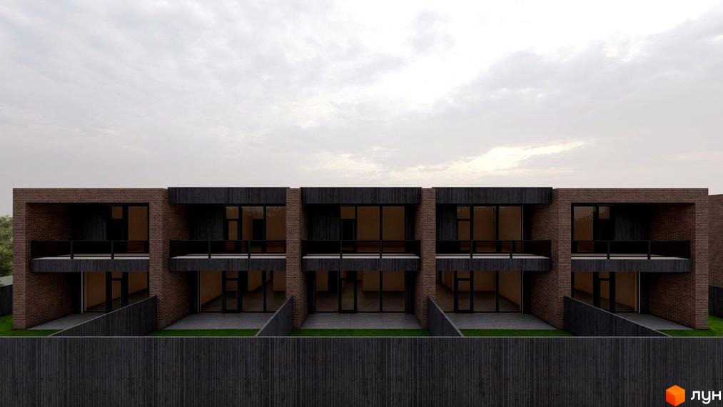 Таунхауси LakeWood: двоповерхові будинки з цегляним фасадом, великими вікнами та балконами, огороджені дерев'яним парканом.