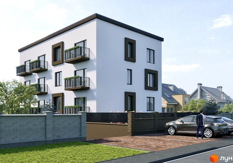 Новобудова ЖК Family club house з балконами та вікнами, прибудинкова територія з парковкою та автомобілями.