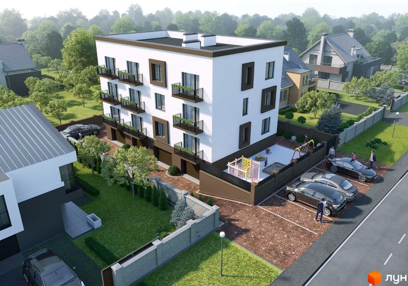 Житловий комплекс Family club house з балконами та дитячим майданчиком. Прибудинкова територія з парковкою та зеленими насадженнями.