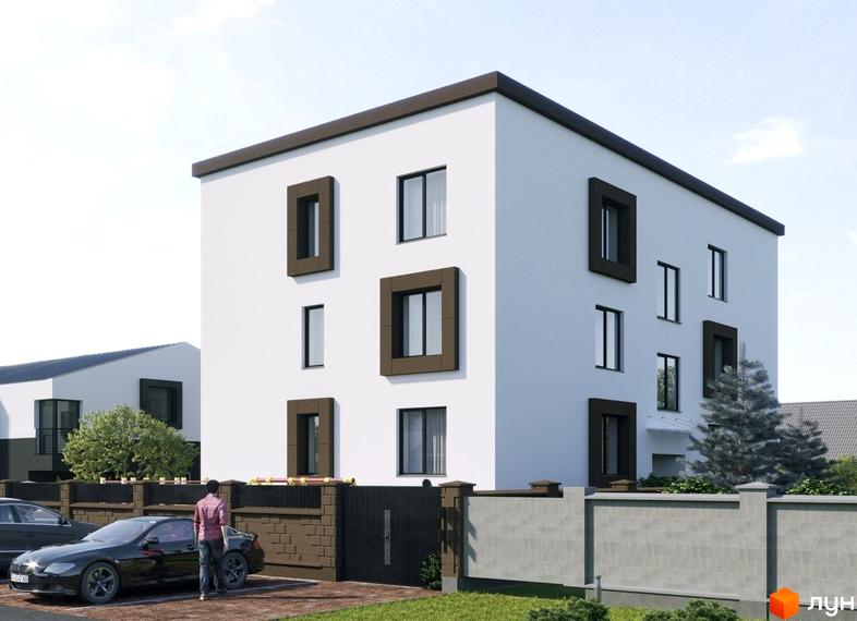 Новобудова ЖК Family club house з білою стіною, коричневими віконними рамами та парканом. Поруч припарковані автомобілі та зелена зона.