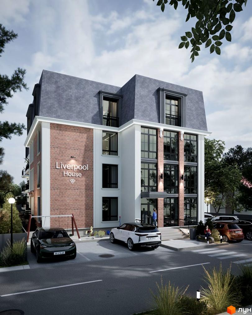 Клубний будинок Liverpool House з цегляним фасадом та великими вікнами, поруч дитячий майданчик та парковка.