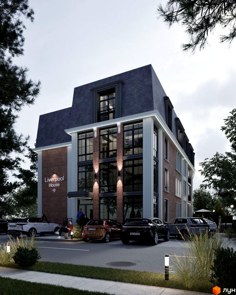 Клубний будинок Liverpool House з цегляним фасадом та великими вікнами, парковка та зелена зона перед будівлею.