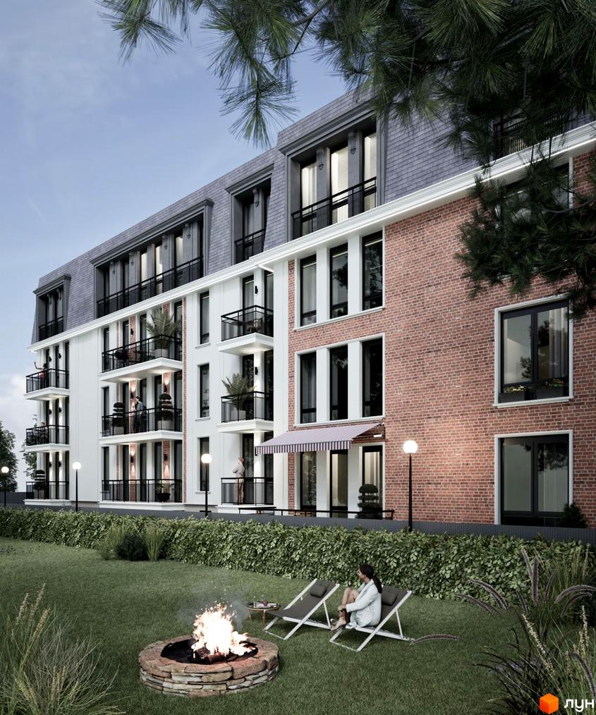 Клубний будинок Liverpool House з цегляними та білими фасадами, балконами та мансардними вікнами. Прибудинкова територія з газоном, кущами та місцем для відпочинку біля вогнища.