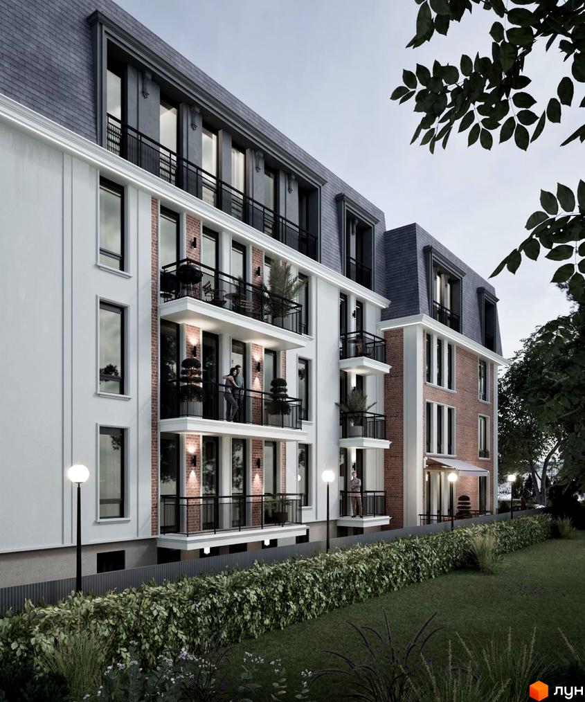 Клубний будинок Liverpool House з цегляними та білими фасадами, балконами та зеленим подвір'ям. Новобудова з доглянутою територією та рослинністю.