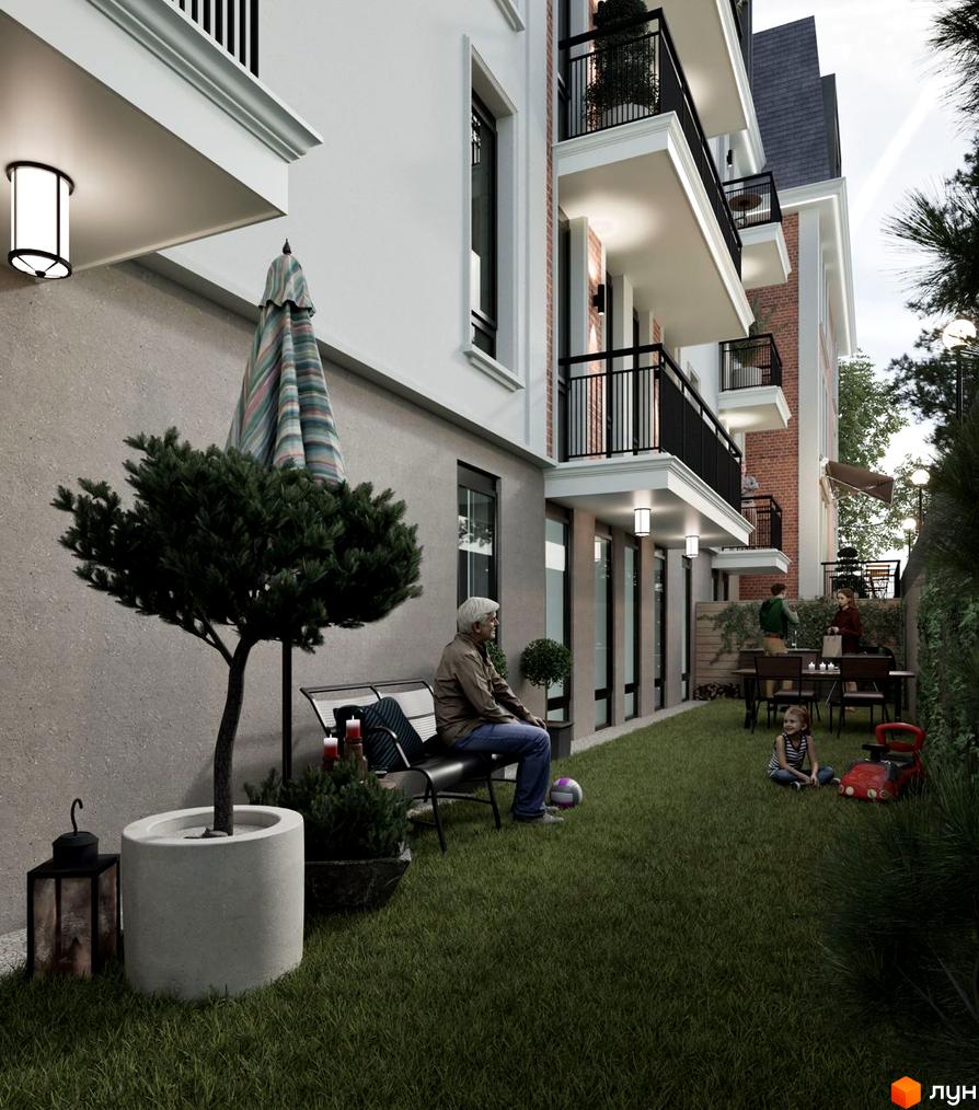 Клубний будинок Liverpool House: фасади будівлі з балконами та прибудинкова територія з зоною відпочинку. Опис новобудови.