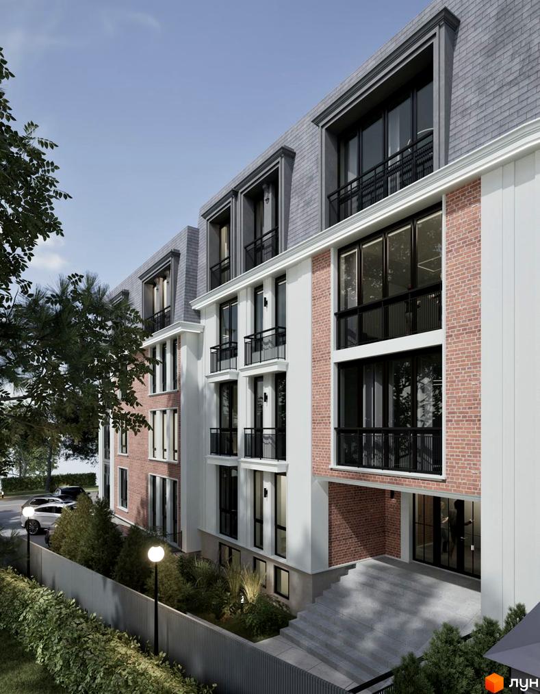 Клубний будинок Liverpool House з цегляним оздобленням та великими вікнами, з прибудинковою територією та освітленням.