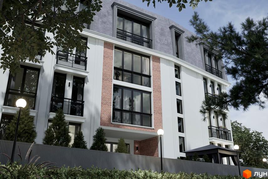 Клубний будинок Liverpool House з цегляними вставками та балконами, прибудинкова територія з огорожею та деревами.