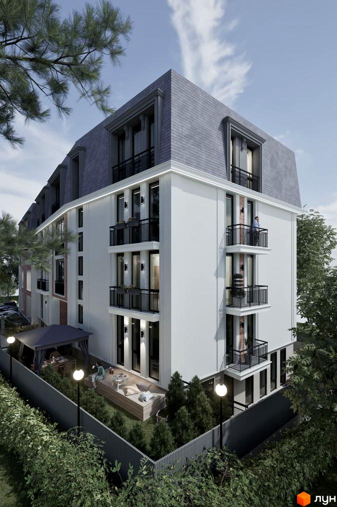 Клубний будинок Liverpool House з балконами та дахом мансардного типу. Прибудинкова територія з альтанкою та зоною відпочинку.