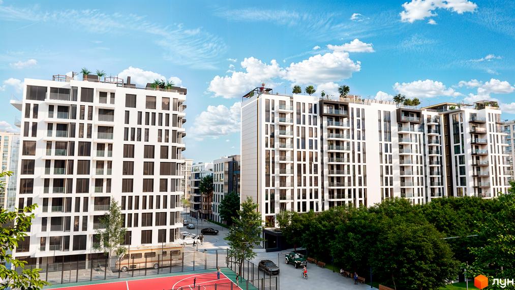 Житловий комплекс SKYLINE: білі багатоповерхові будинки з балконами та панорамними вікнами, поруч зелена зона та спортивний майданчик.