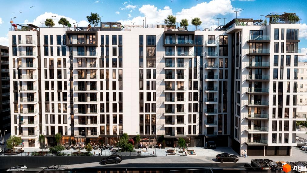 Новобудова ЖК SKYLINE з численними балконами та панорамними вікнами, що виходить на облаштовану прибудинкову територію з зонами відпочинку та зеленими насадженнями.