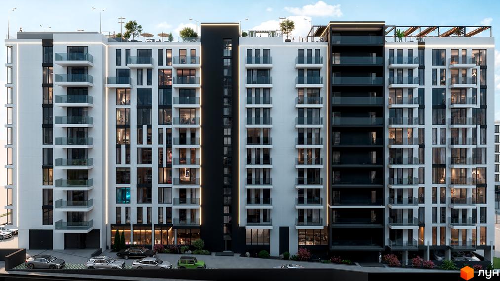 Фасад житлового комплексу SKYLINE з балконами та панорамними вікнами. Прибудинкова територія з автомобілями та зеленими насадженнями.