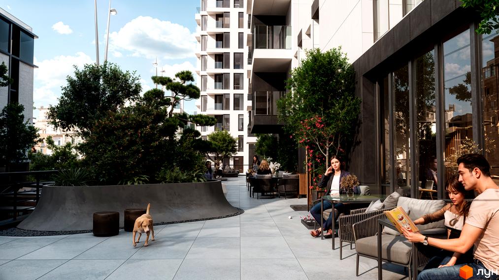 Житловий комплекс SKYLINE з терасою та зоною відпочинку, де люди проводять час з собакою. Зовнішній вигляд будинку та прибудинкова територія.