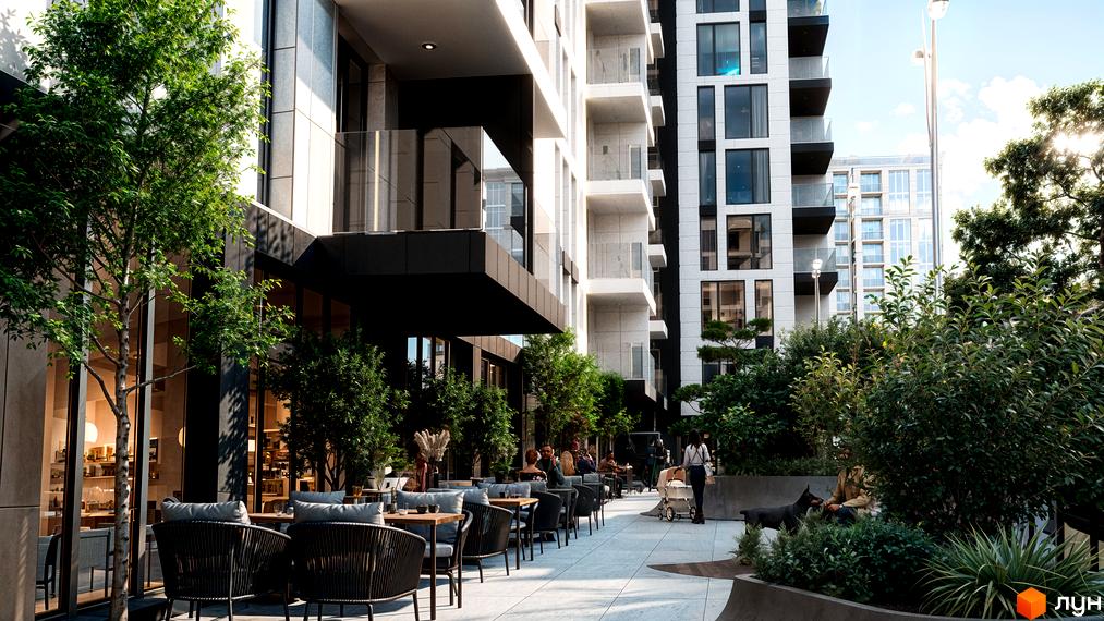 Житловий комплекс SKYLINE з терасою та зеленою зоною. Зовнішній вигляд будинку та прибудинкова територія з місцями для відпочинку.