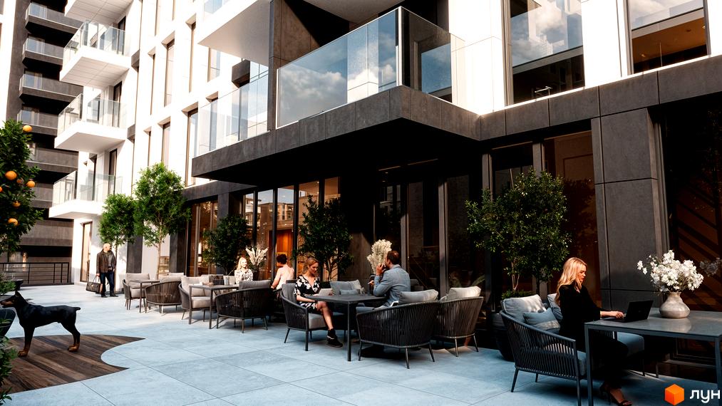 Житловий комплекс SKYLINE з балконами та терасою, де розташовані люди та облаштована зона відпочинку з меблями та деревами.