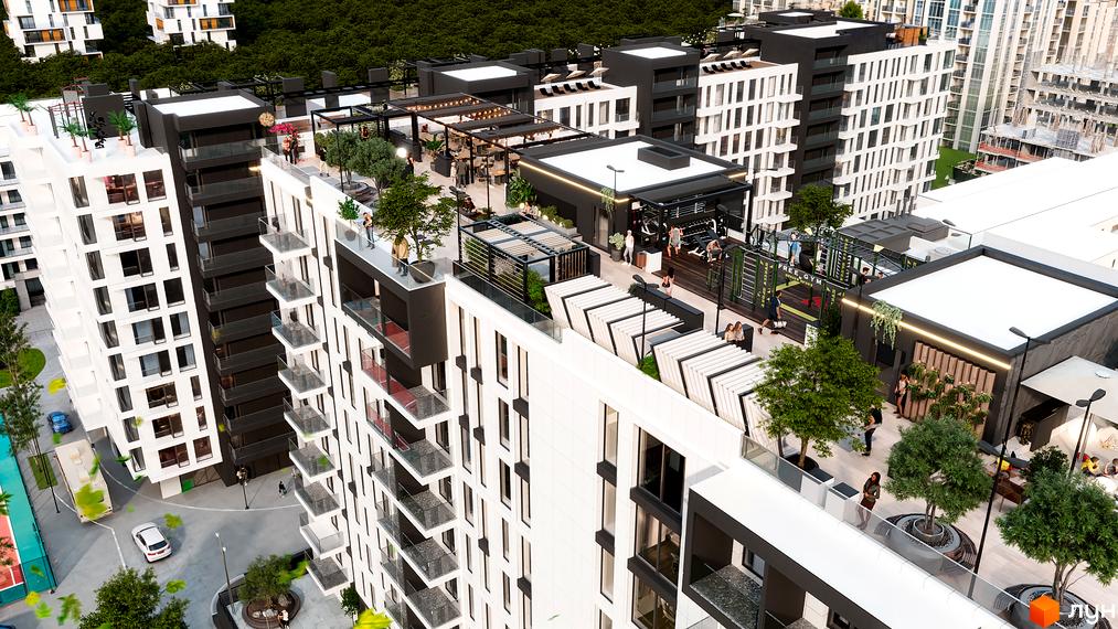 Житловий комплекс SKYLINE з білими та чорними фасадами, балконами та прибудинковою територією з зонами відпочинку та спортивними майданчиками.