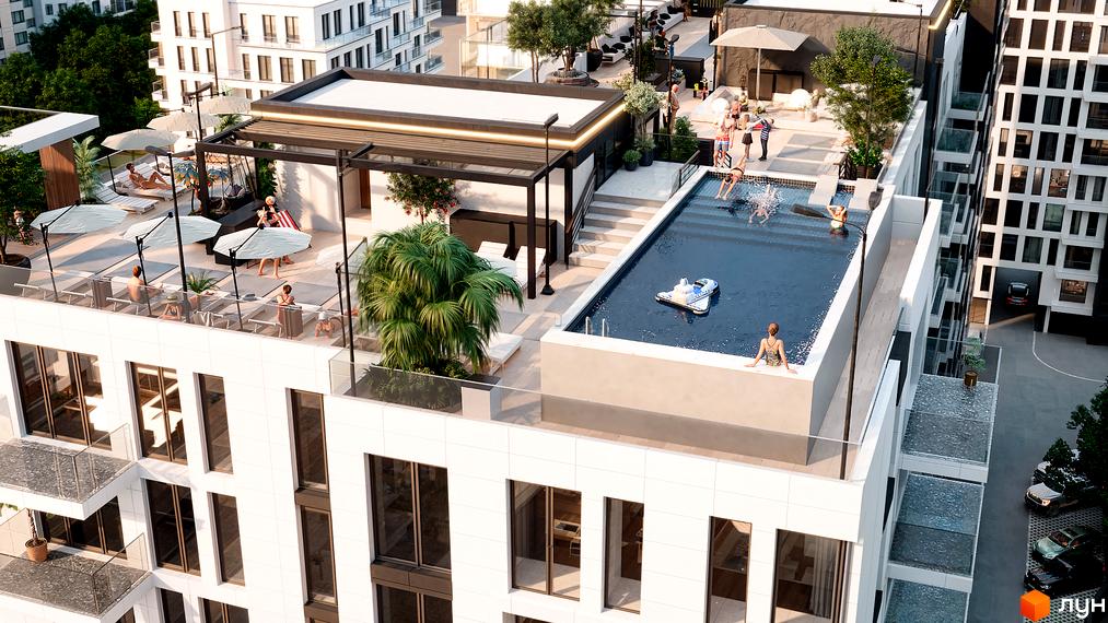 Житловий комплекс SKYLINE з басейном та зонами відпочинку на даху. Зовнішній вигляд будинку та прибудинкова територія.