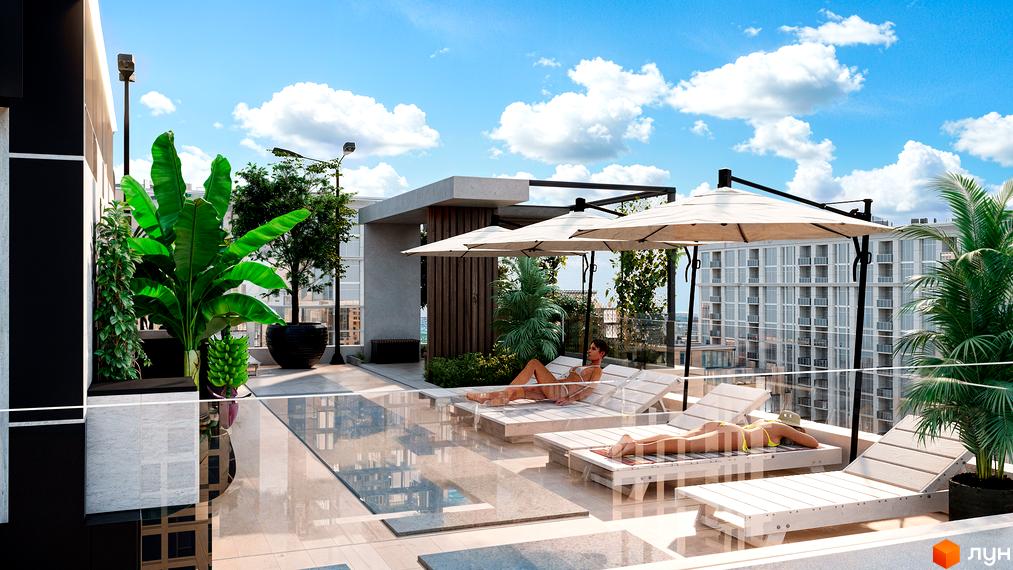 Житловий комплекс SKYLINE: тераса з шезлонгами та басейном на даху з видом на місто. Сучасна архітектура та зелені насадження.