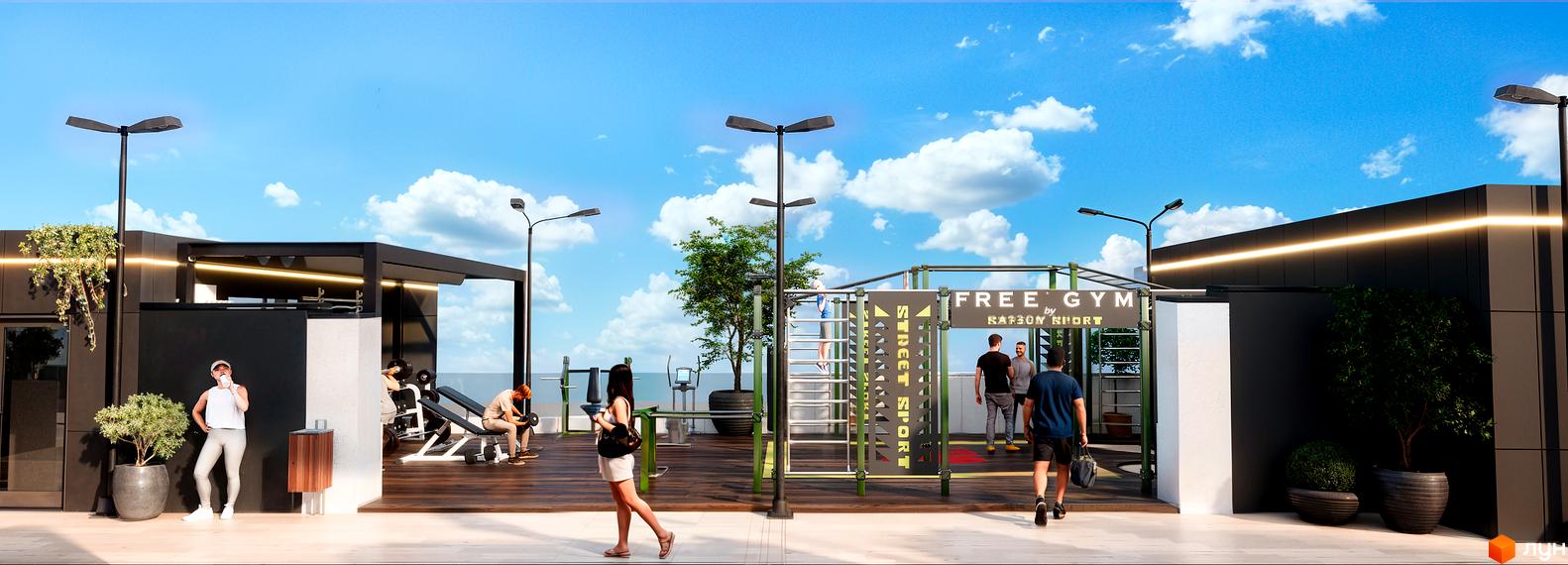 Житловий комплекс SKYLINE з відкритою зоною для тренувань та відпочинку. Сучасна архітектура та зелені насадження створюють комфортне середовище.
