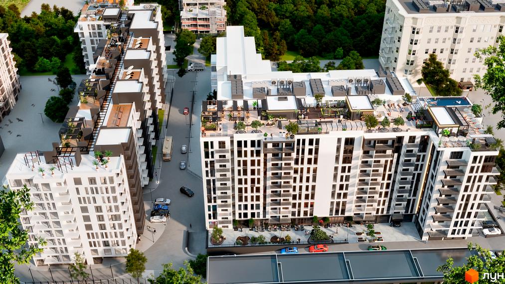 Житловий комплекс SKYLINE з білими фасадами та темними балконами, розташований біля зеленої зони. На даху комплексу облаштовані зони відпочинку та басейн.