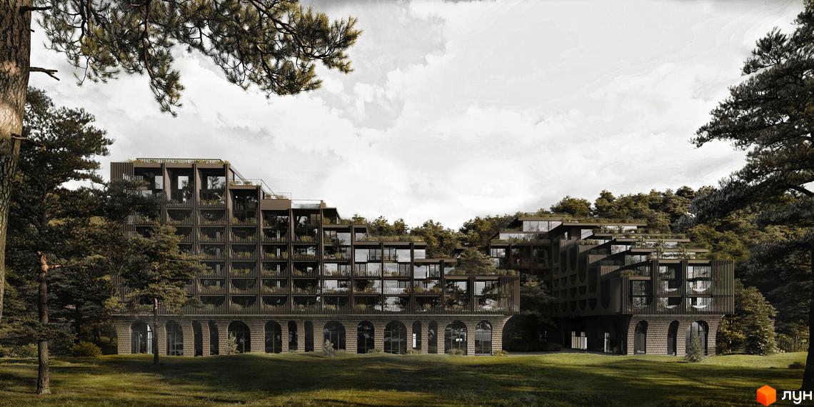 Житловий комплекс Son Daven в оточенні лісу, з терасами та скляними фасадами, розташований на зеленій галявині.