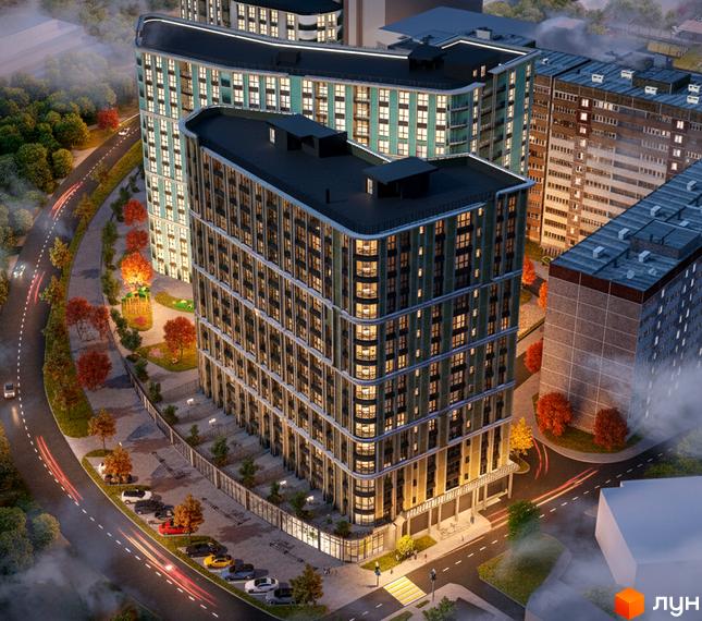 Житловий комплекс Акварелі: багатоповерхові будинки з вигнутими фасадами та панорамними вікнами, освітлена прибудинкова територія з деревами та дорогою.