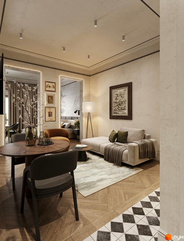 Інтер'єр вітальні з диваном, килимом та обіднім столом. Апарт-готель Apex.