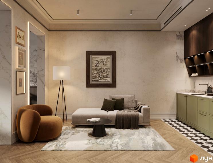 Апарт-готель Apex: інтер'єр вітальні з диваном, кріслом та кухнею. Сучасний дизайн та функціональне планування.