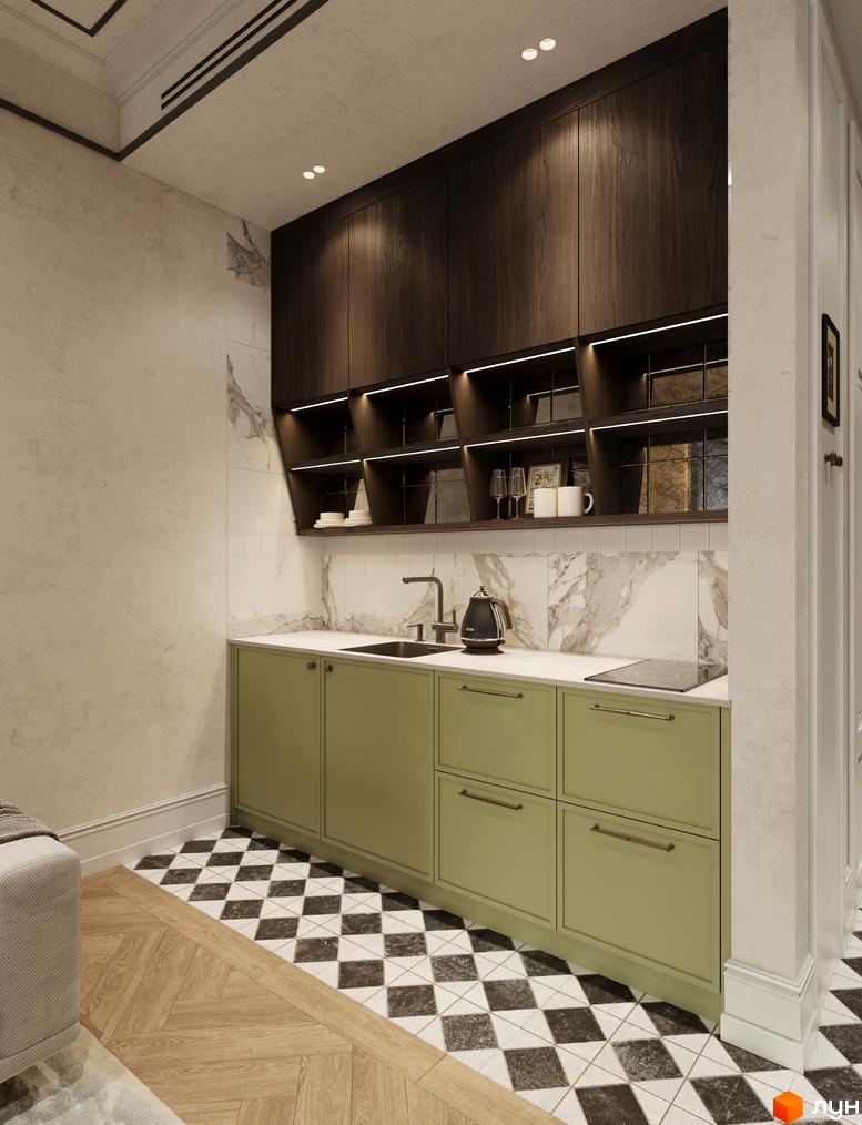 Інтер'єр кухні апарт-готелю Apex з зеленими шафами, мармуровою стільницею та підлогою в шаховому порядку. Сучасний дизайн для комфортного проживання.