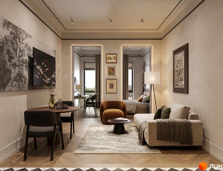 Апарт-готель Apex: простора студія з обідньою зоною, диваном та окремим спальним місцем. Вікна виходять на зелену зону.