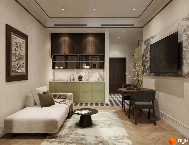 Інтер'єр апарт-готелю Apex: вітальня з диваном, журнальним столиком, обідньою зоною та кухнею. Сучасний дизайн та функціональне планування.